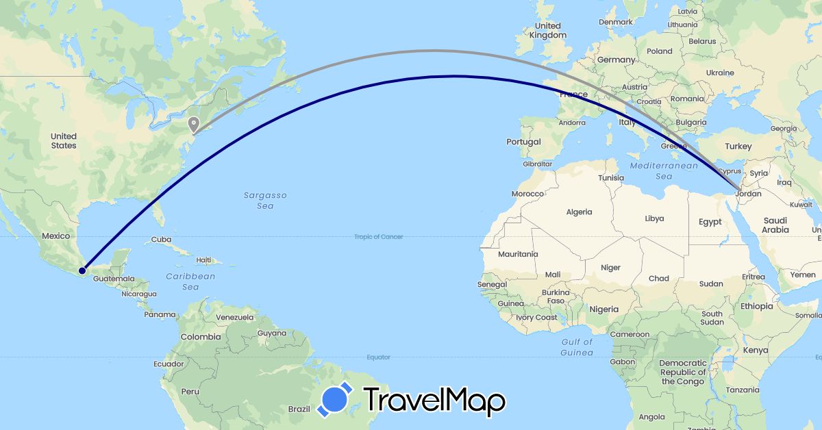 TravelMap itinerary: driving, plane in Israel, Mexico, United States (Asia, North America)
